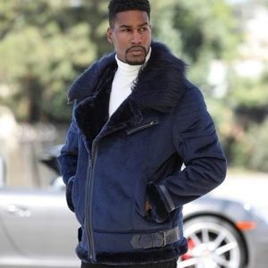 Men's Solid Navy Faux Fur Winter Jacket NWT